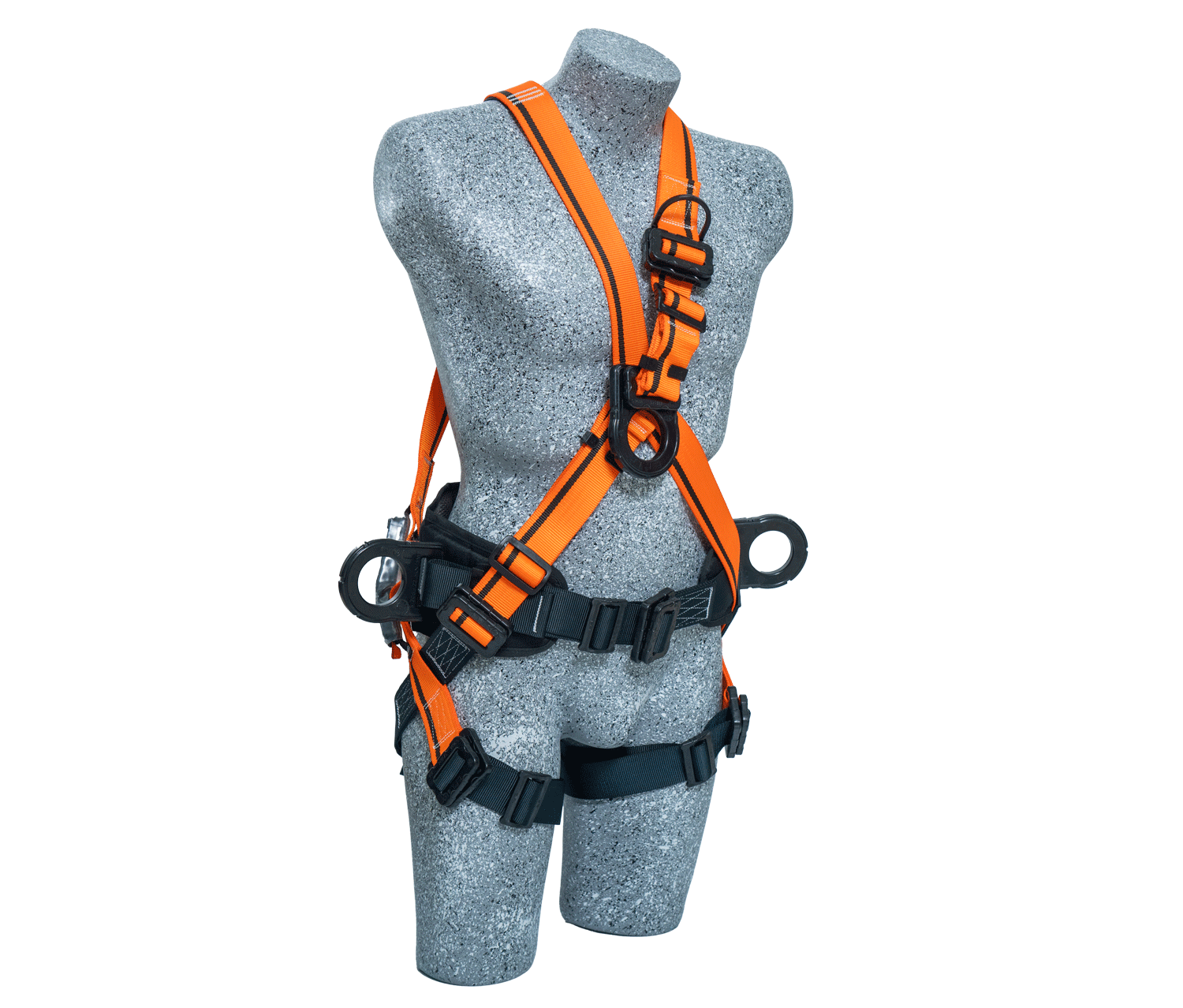 Arnés naranja y negro con argollas plásticas y faja lumbar