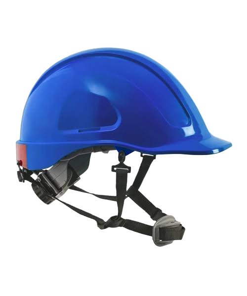 Casco de seguridad azul con barboquejo