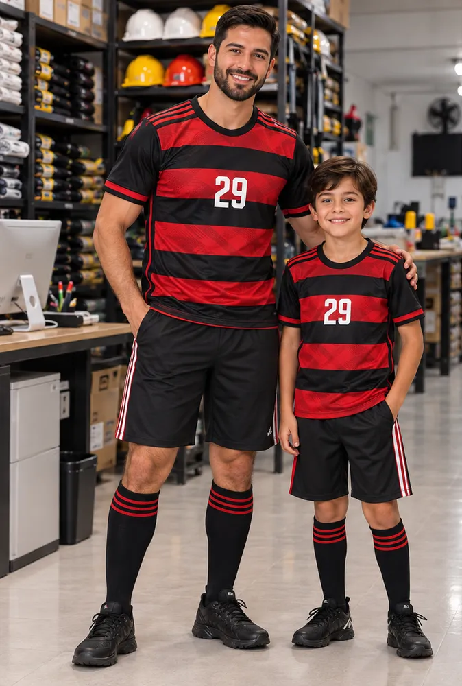 Adulto y niño con uniforme de fútbol a rayas negras y rojas